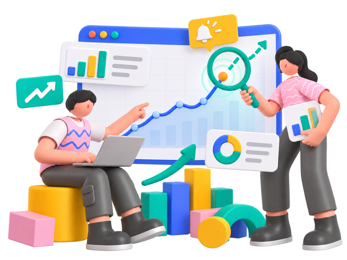 Two people analysing a live market chart
